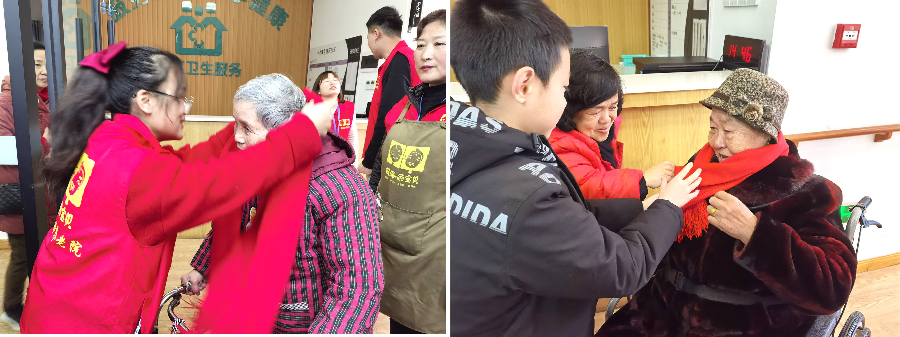 俩宝贝工作人员给奶奶戴围巾